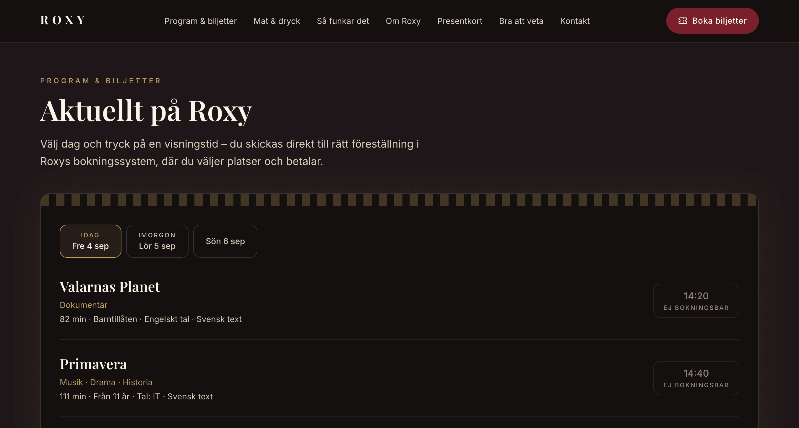 Roxy redesign concept showing live cinema showtimes on desktop